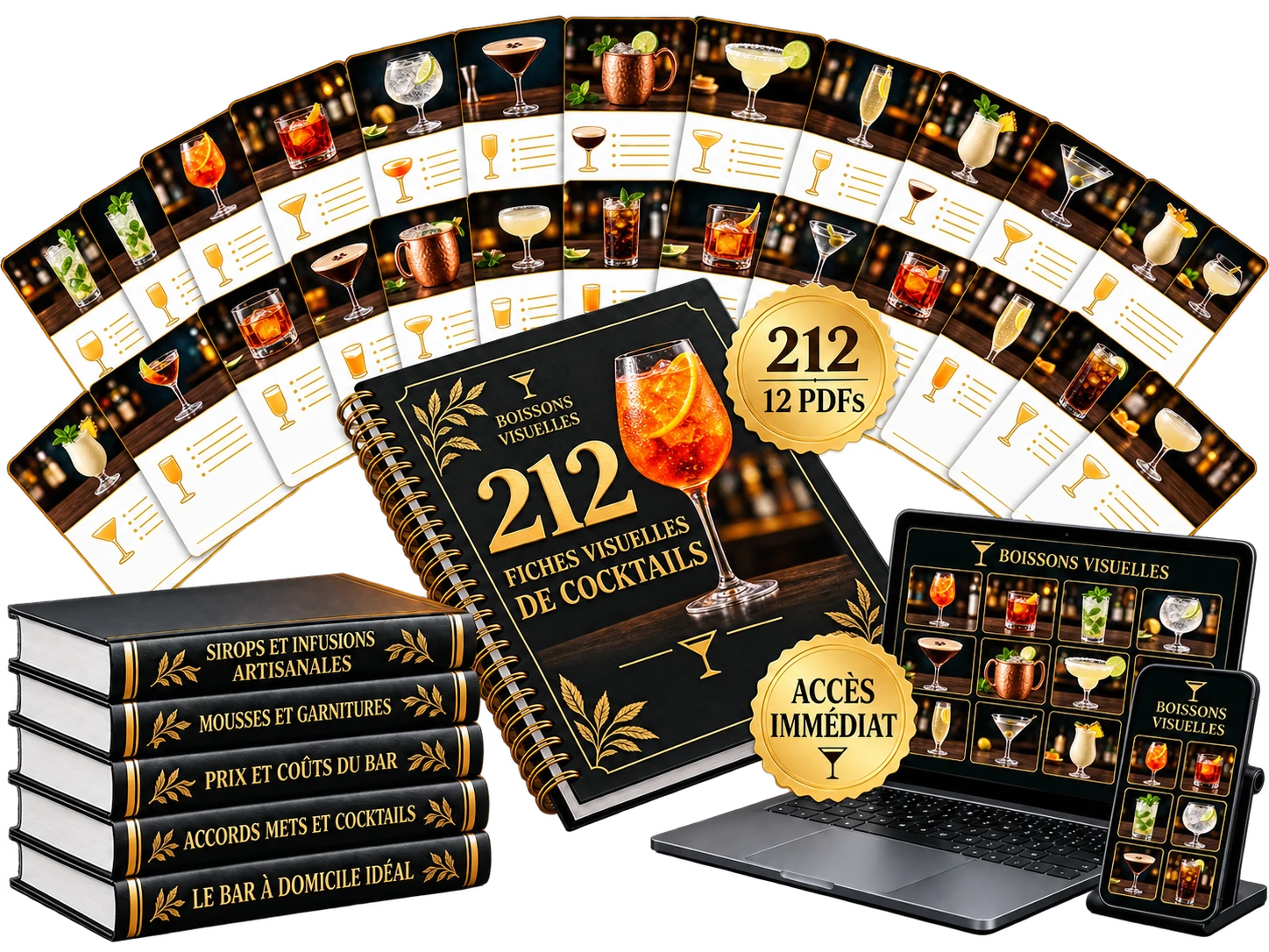 Mockup de l'offre Boissons Visuelles avec les 12 volumes et les guides bonus